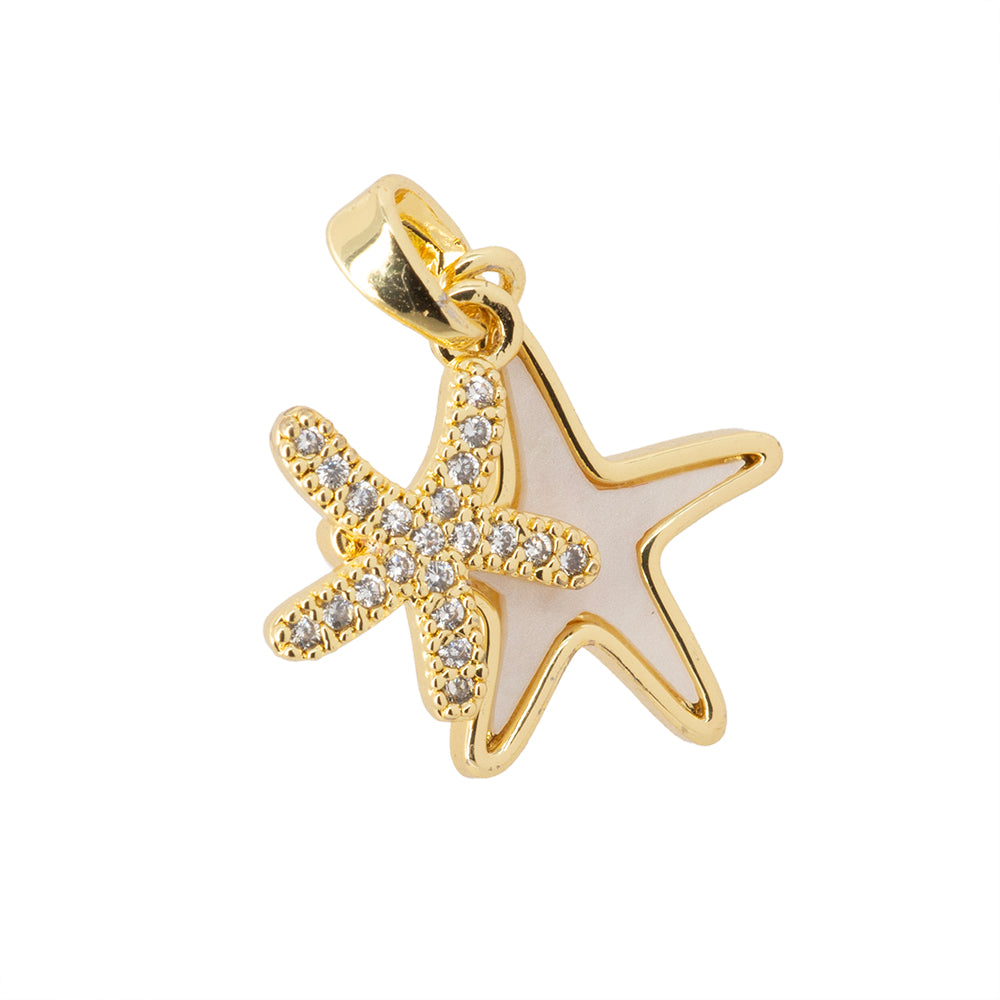 Dije Estrella de Mar Doble con Madre Perla y Circonia 17x15.5mm Dorado