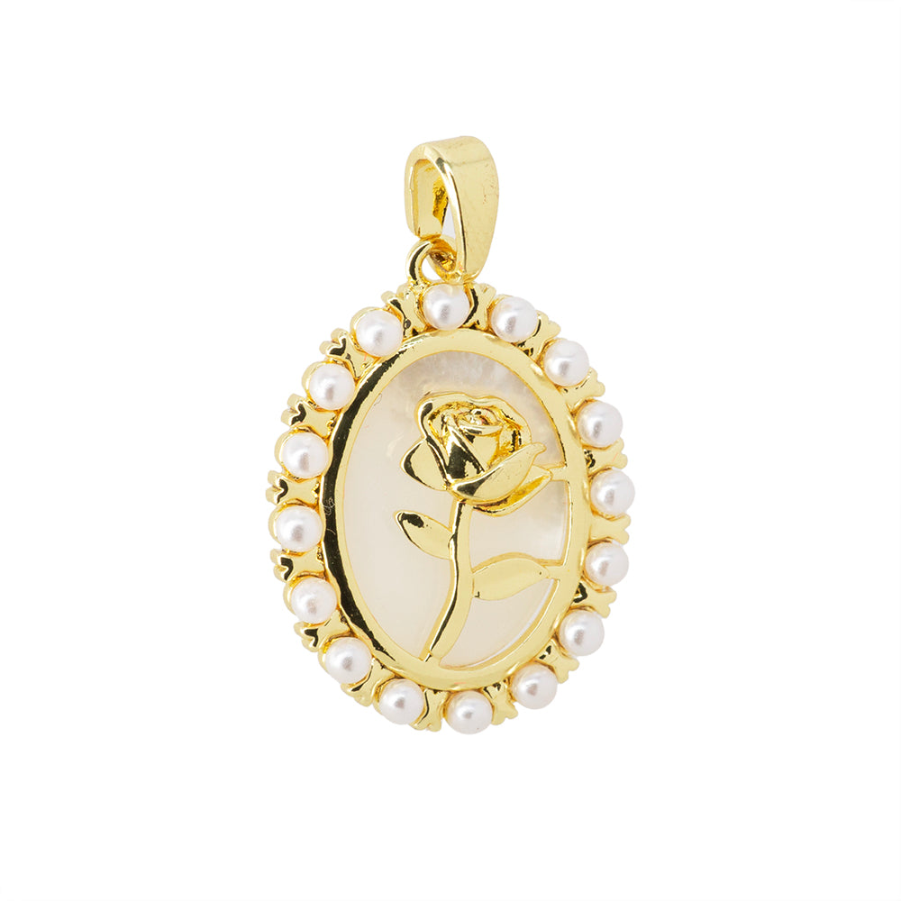 Dije Rosa con Madre Perla Oval 21.5x16mm Dorado