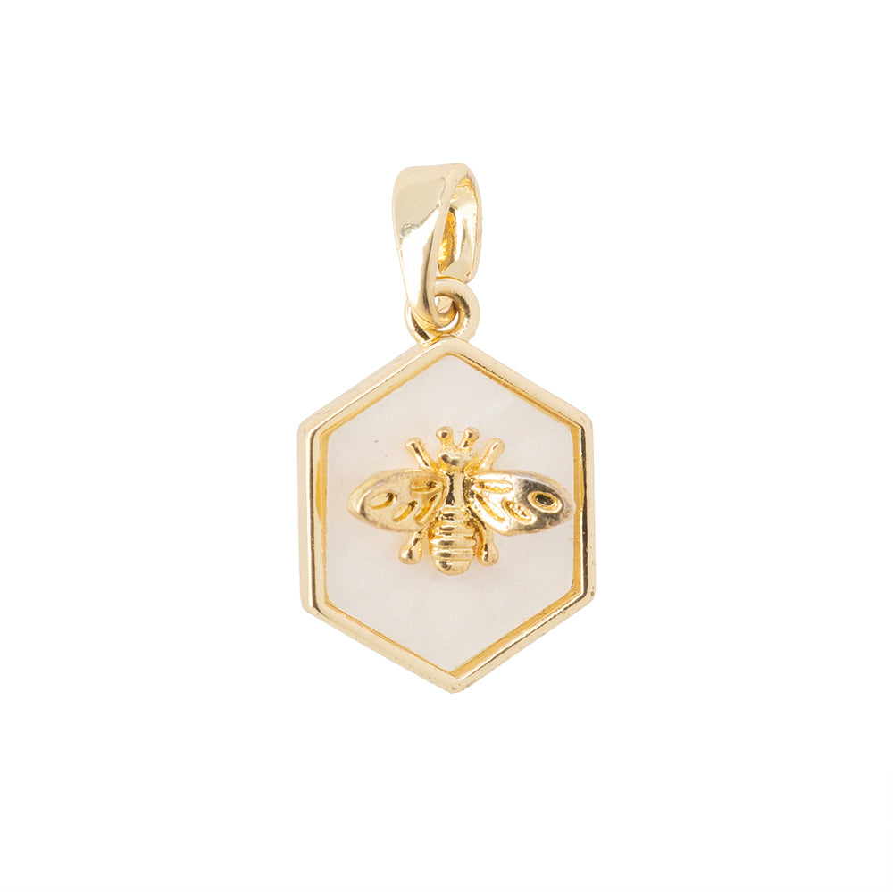 Dije Abeja con Madre Perla Hexagonal 16x12mm Dorado