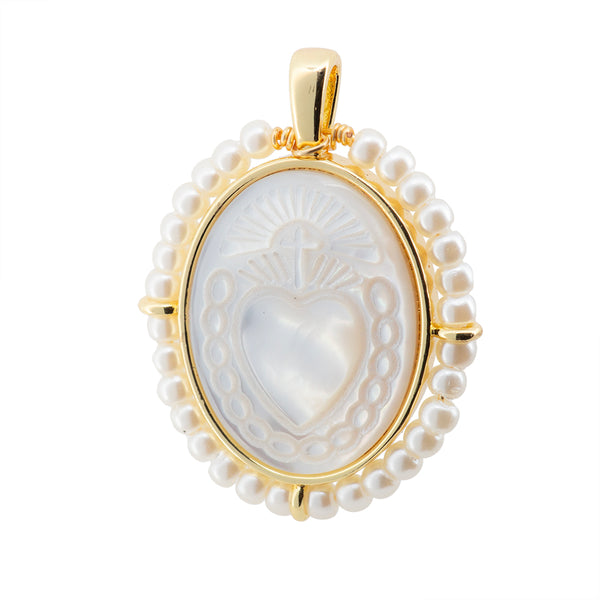 Dije Sagrado Corazón con Madre Perla y Perla Alrededor 31.5x23mm Dorado