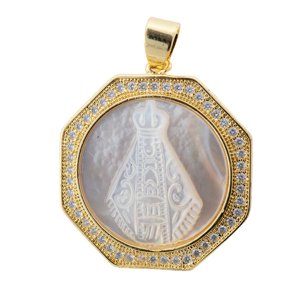 Dije Virgen con Madre Perla y Circonia 28x25.5mm Dorado