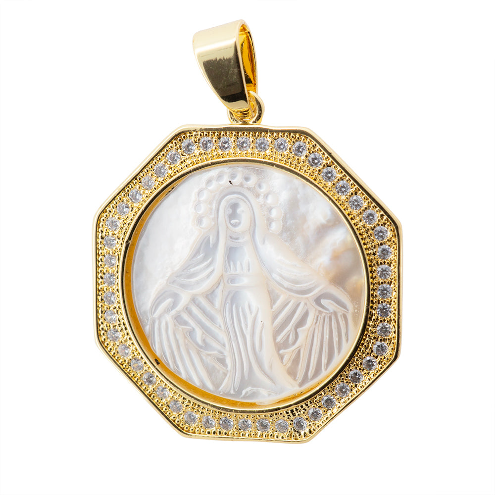 Dije Jesús con Madre Perla y Circonia 28x25.5mm Dorado