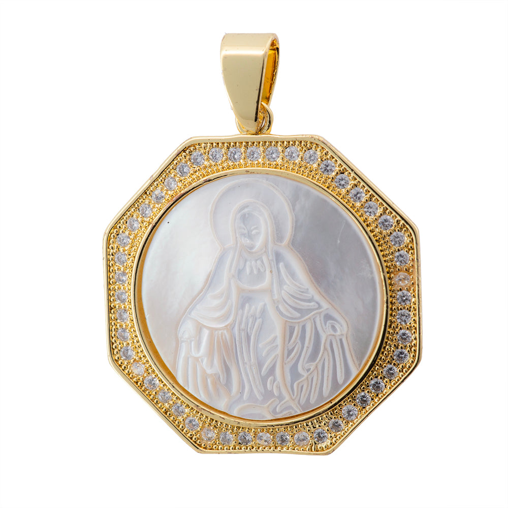 Dije Jesús con Madre Perla y Circonia 28x25.5mm Dorado