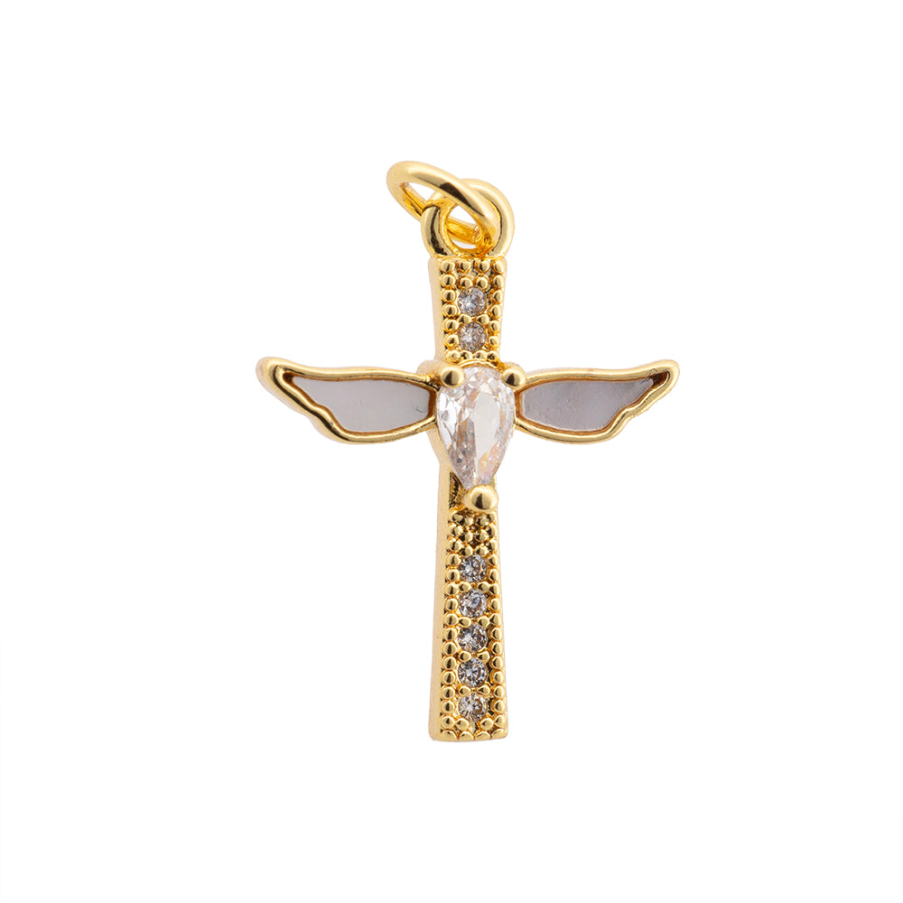 Dije Cruz con Alas Madre Perla y Circonia 22x16.5mm Dorado