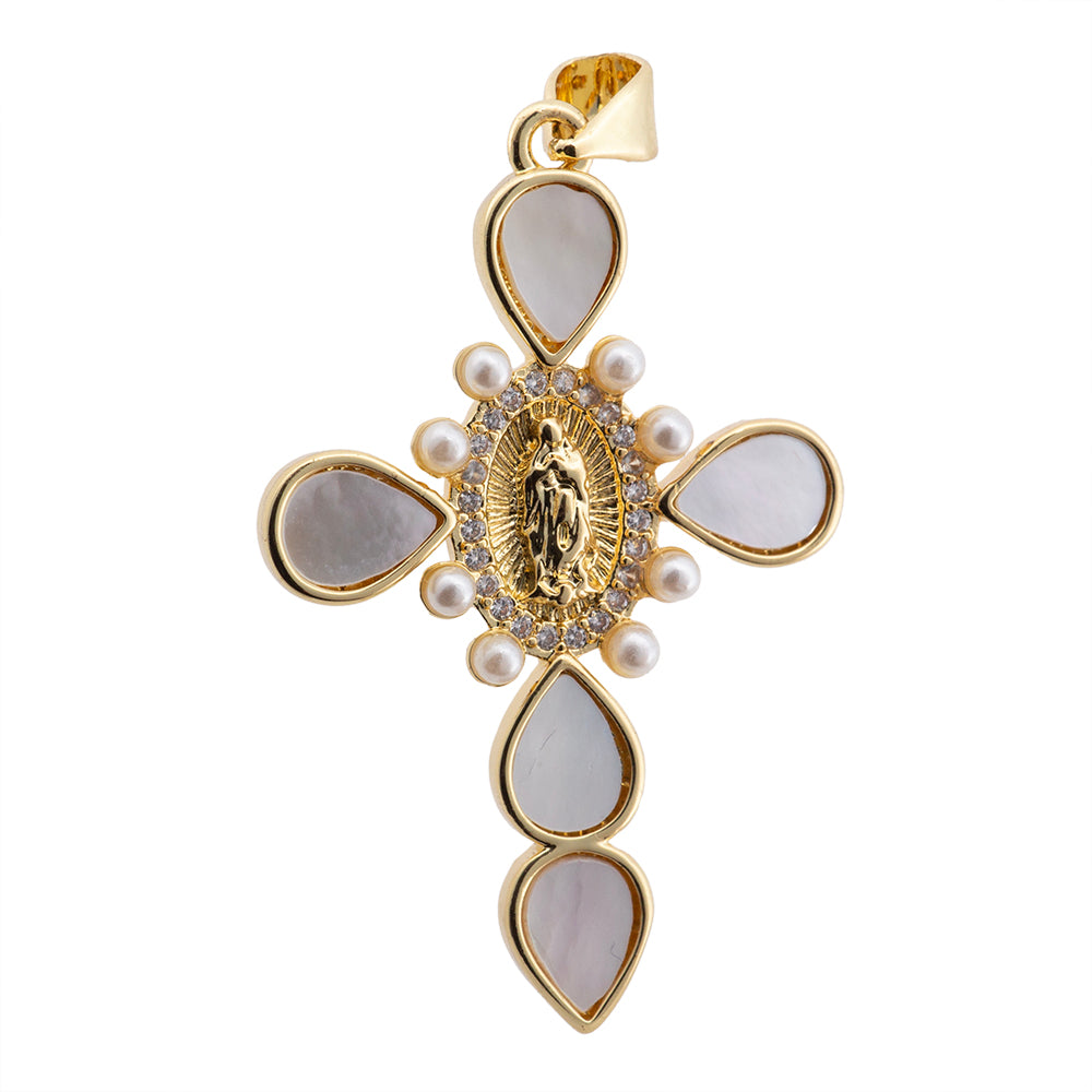 Dije Cruz con Virgen de Guadalupe y Madre Perla 37x24mm Dorado