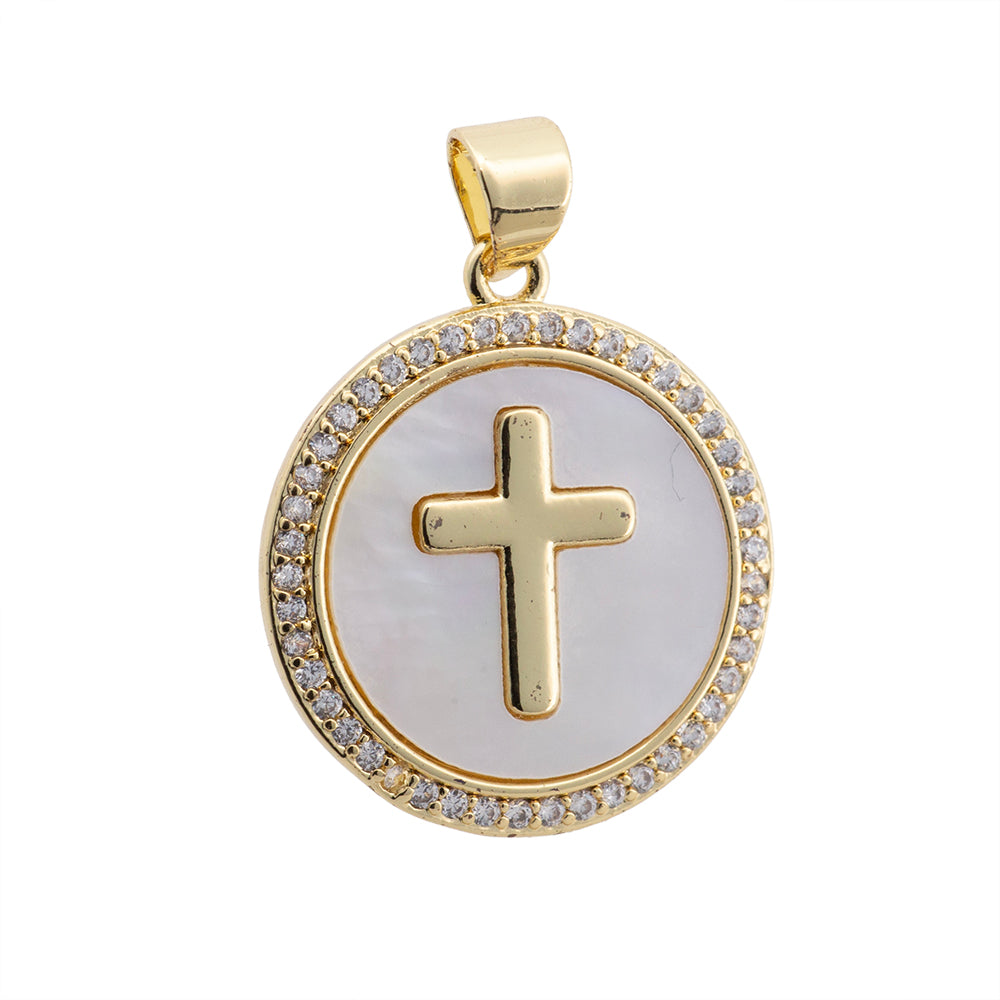 Dije Cruz Circular con Madre Perla y Circonia 21.5x19mm Dorado