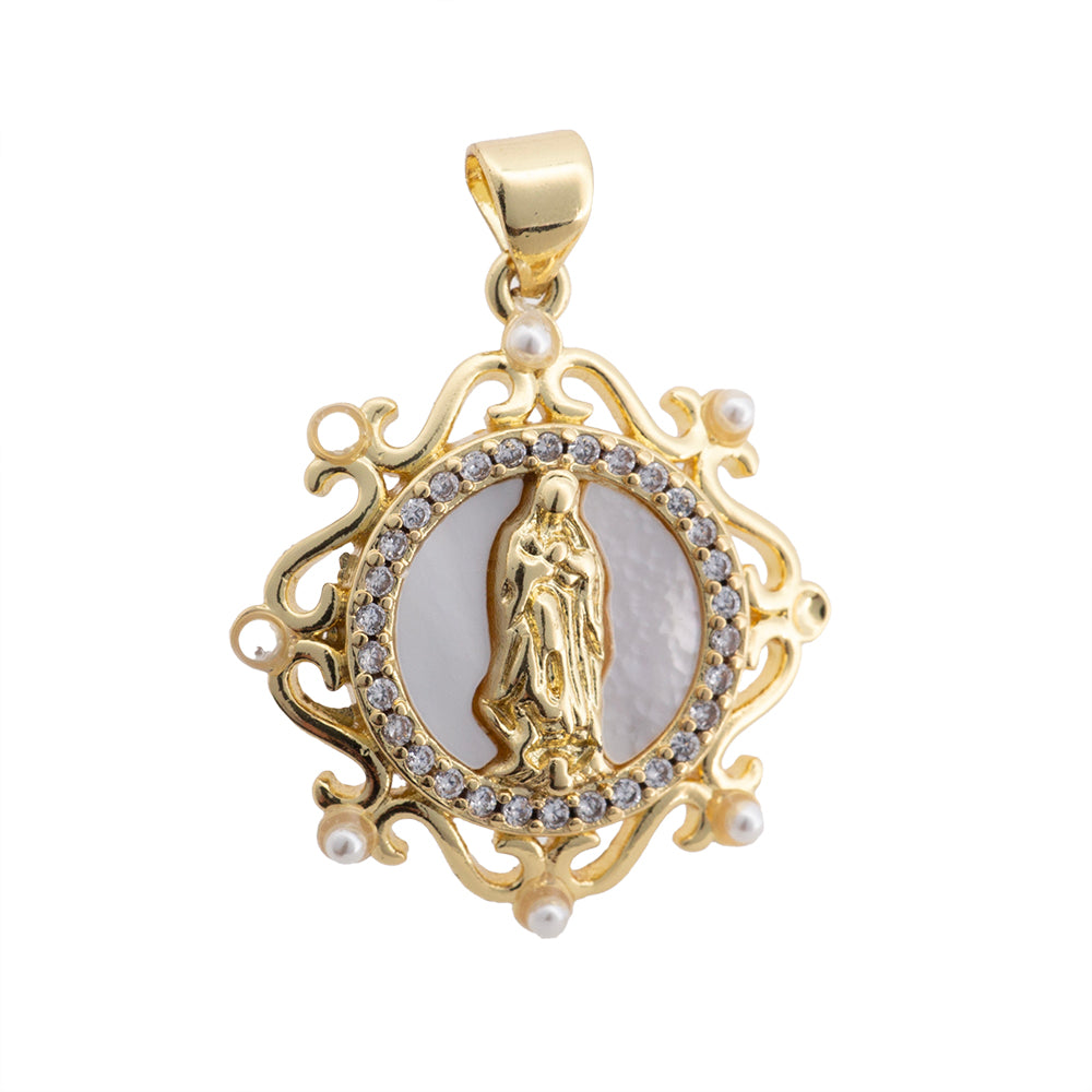 Medalla Virgen de Guadalupe con Madre Perla y Circonia 25x22.5mm Dorado
