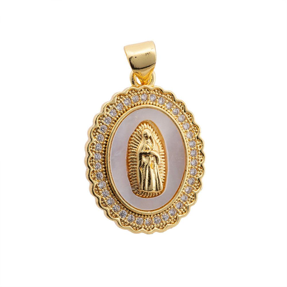 Medalla Virgen de Guadalupe con Madre Perla y Circonia 23x17mm Dorado