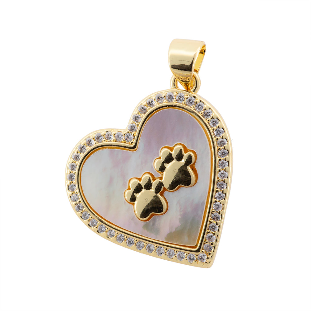 Dije Corazón con Madre Perla y Circonia Huella de Perro 21mm Dorado