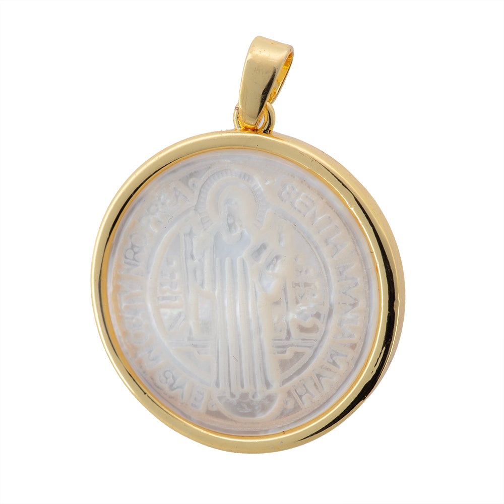 Medalla Biselada San Benito con Madre Perla 24.5x22mm Dorado