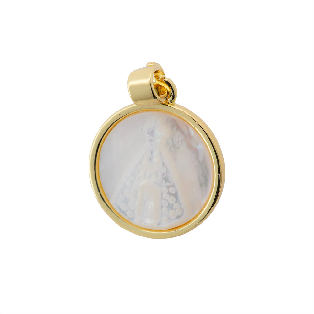 Medalla Biselada Virgen con Madre Perla 16.5x14mm Dorado