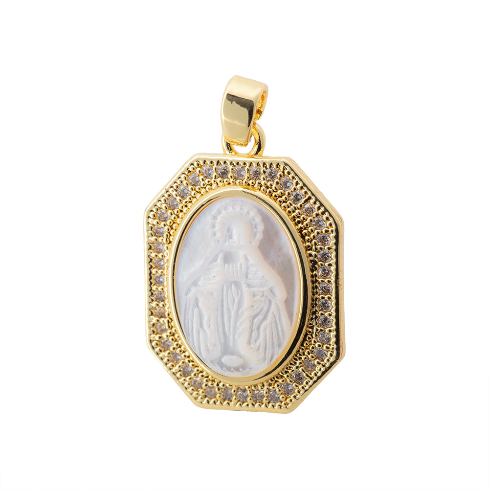 Medalla Jesús con Madre Perla y Circonia 22x15.5mm Dorado