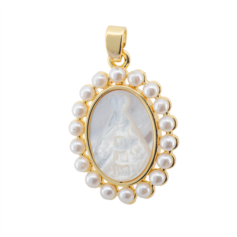 Medalla Virgen con Madre Perla y Perla 23.5x17mm Dorado