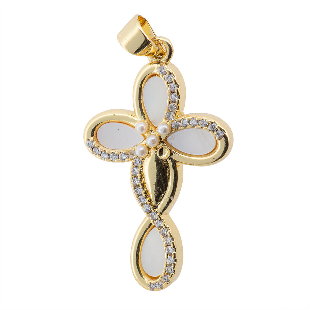 Dije Cruz con Madre Perla y Circonia 32x19mm Dorado
