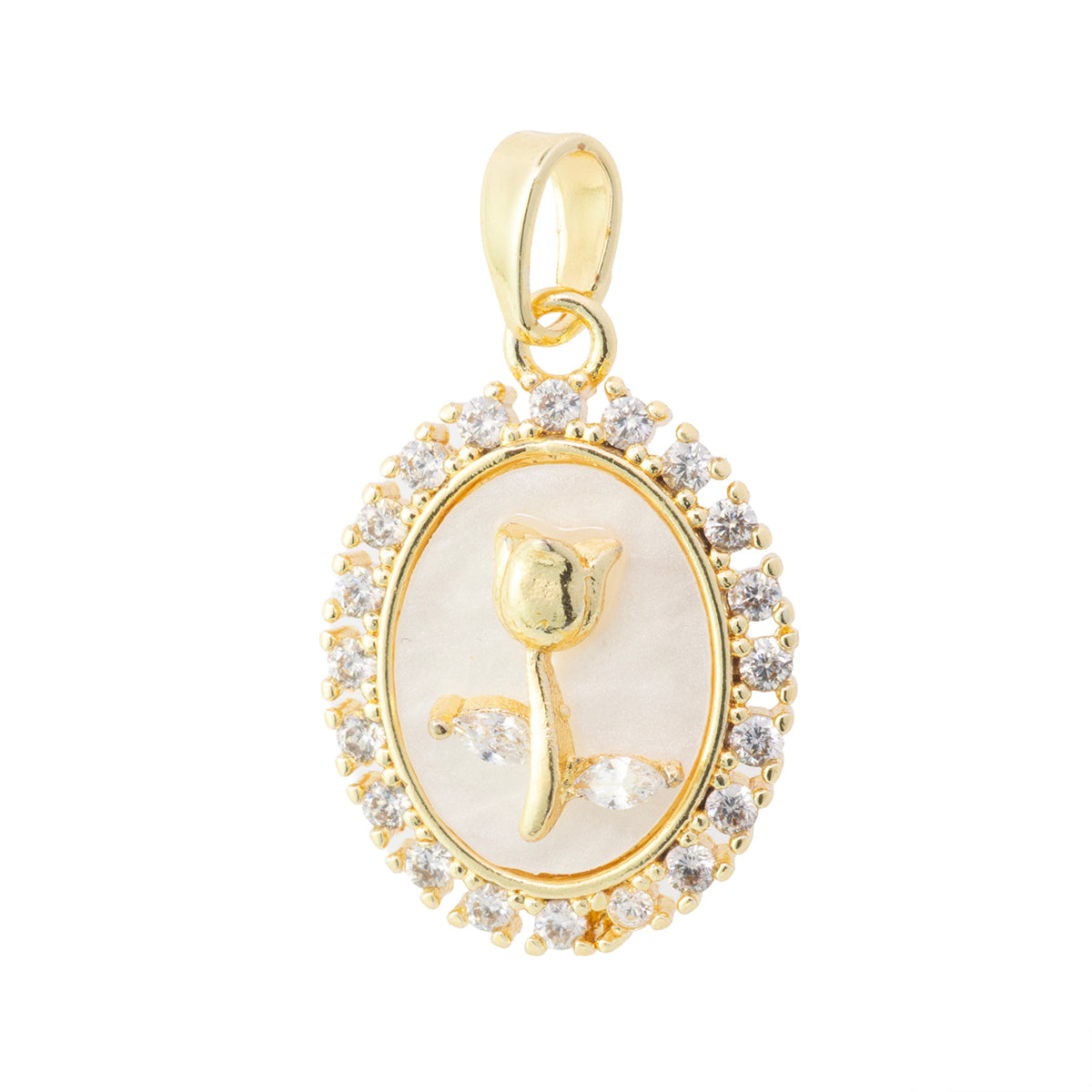 Dije Oval con Madre Perla con Rosa 19x14mm Dorado