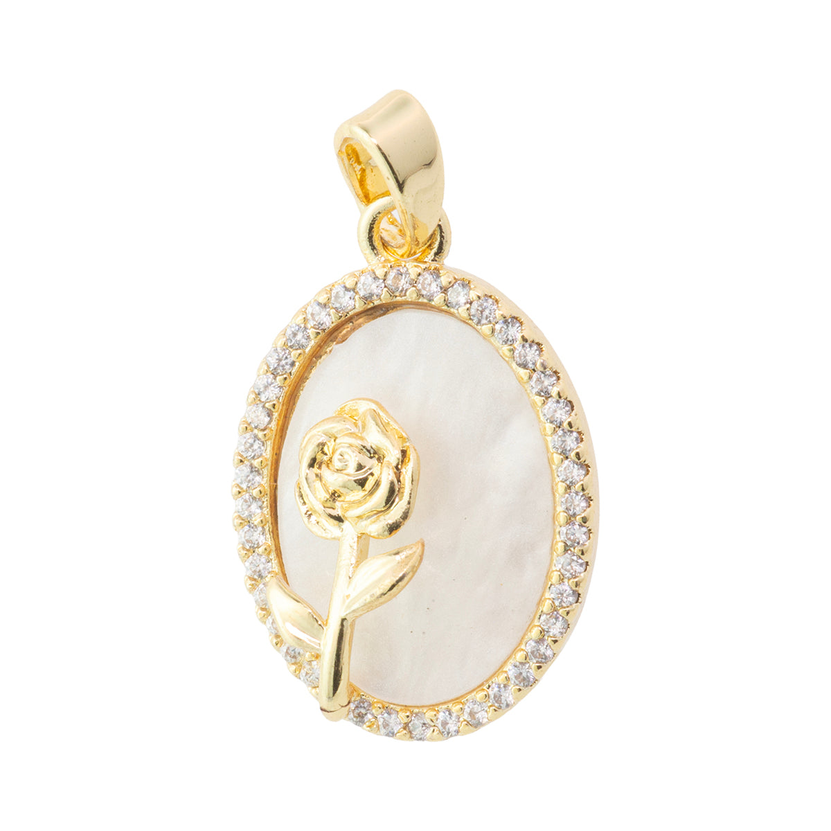 Dije Oval con Madre Perla con Rosa 19x13mm Dorado