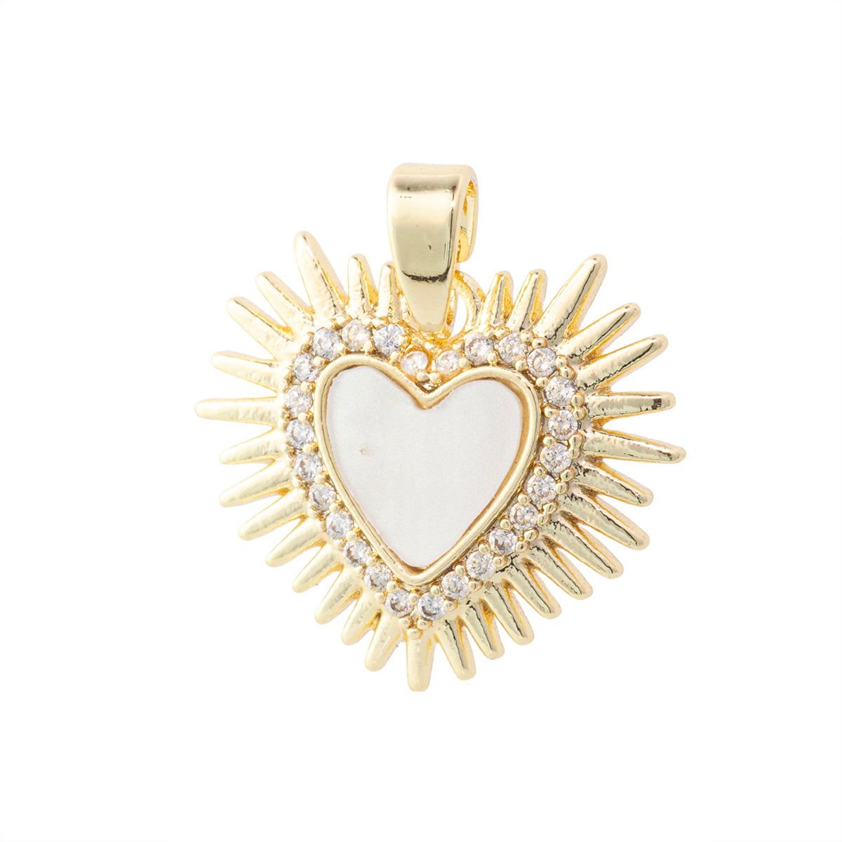 Dije Corazón con Rayos con Madre Perla y Circonia 15x17mm Dorado