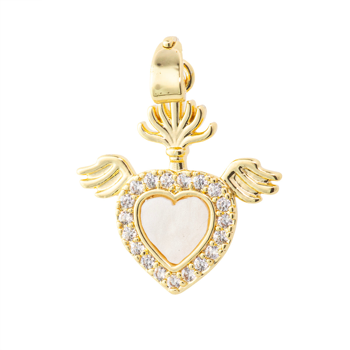 Dije Corazón con Alas Madre Perla y Circonia 19x17mm Dorado