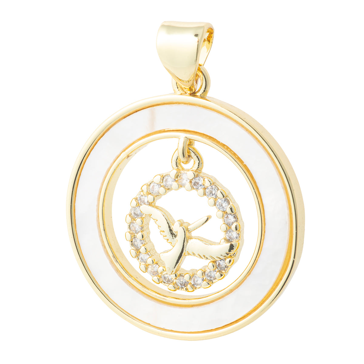 Dije Circular con Paloma con Madre Perla y Circonia 24x21mm Dorado