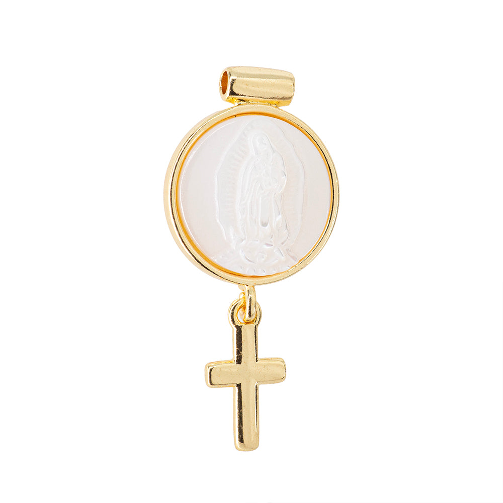 Separador Escapulario Virgen de Guadalupe Redondo con Madre Perla y Cruz 24x17mm Dorado