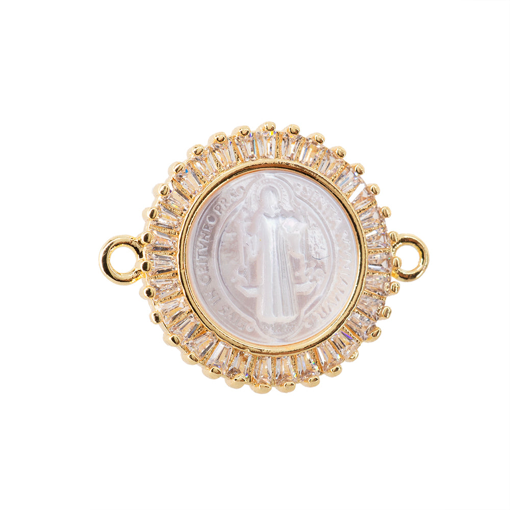 Separador San Benito con Madre Perla y Circonias Baguette 23.5x18.5mm Dorado