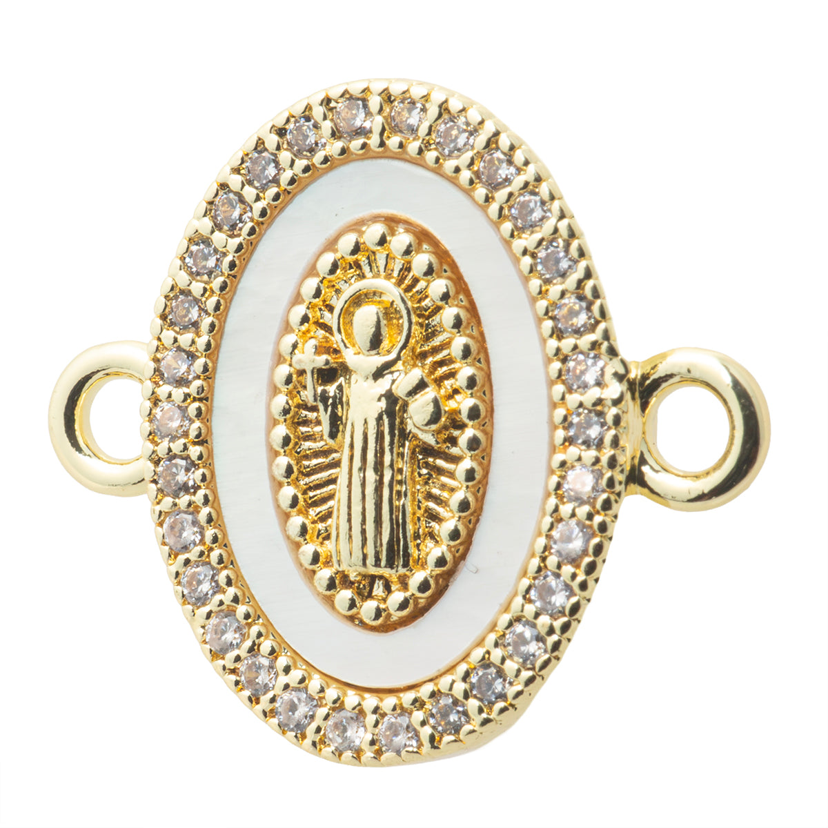 Conector San Benito con Madre Perla y Circonia 19x16.8mm Dorado