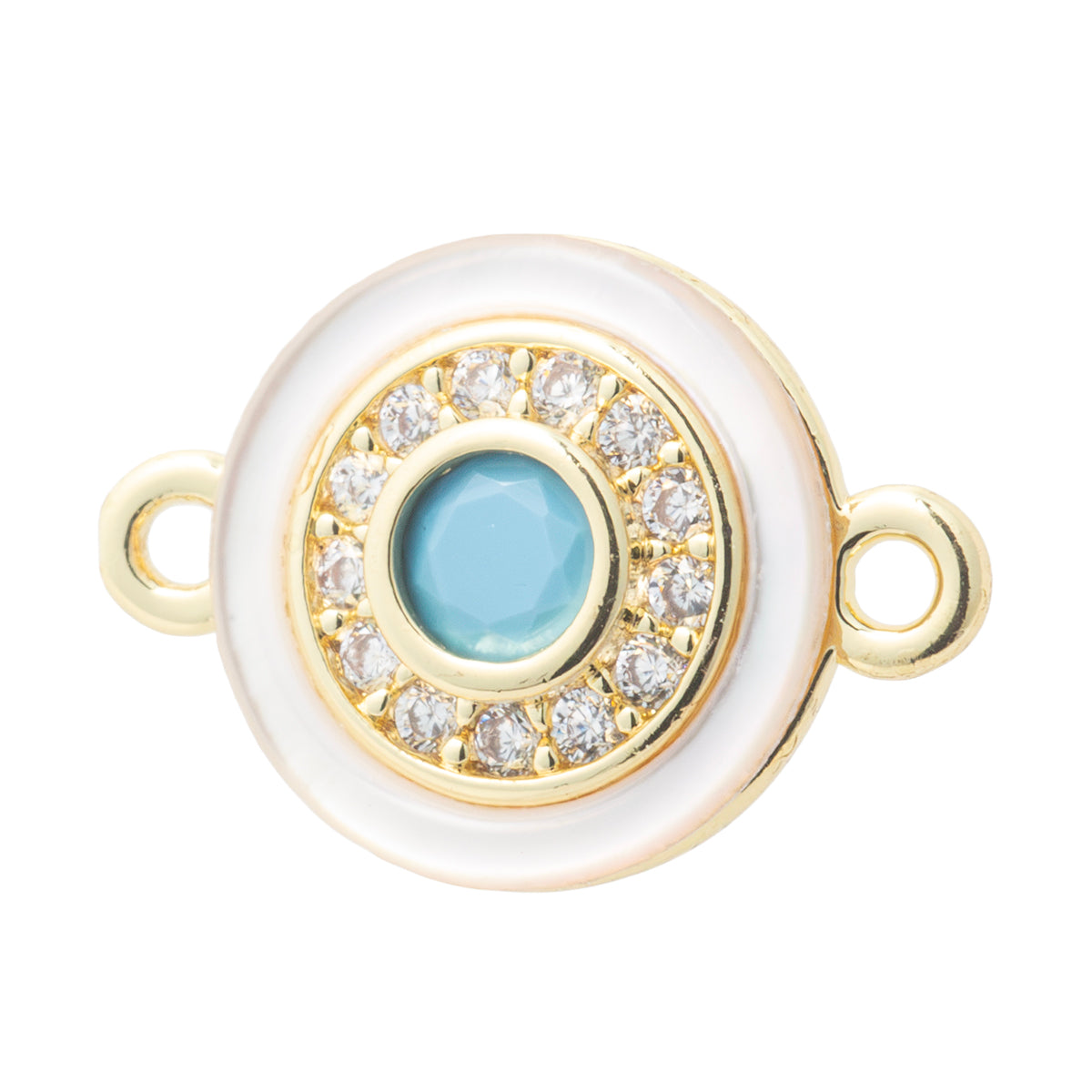 Conector Circular con Madre Perla Circonia y Piedra Azul 17x12mm Dorado