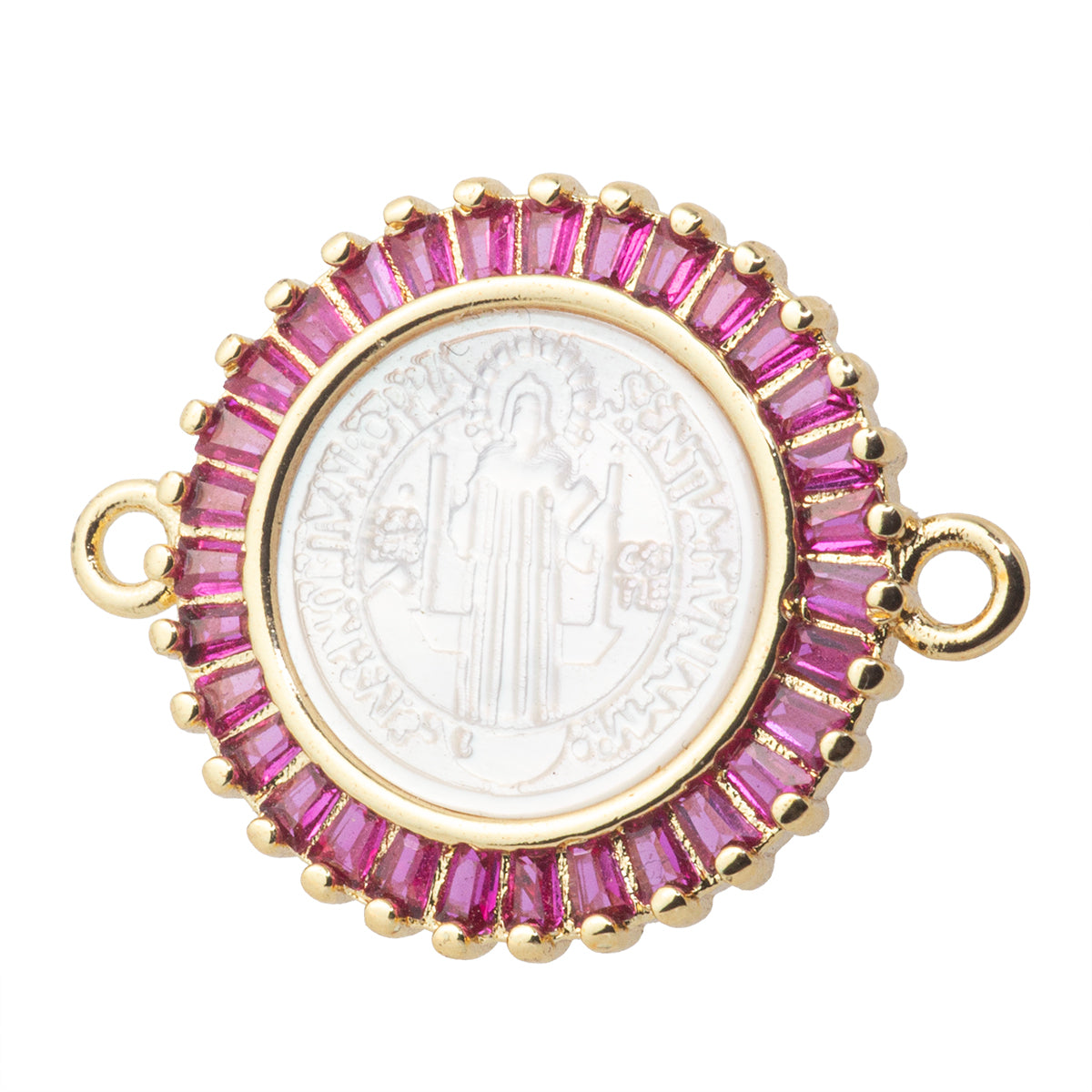 Conector Circular San Benito con Madre Perla y Circonia Rosa 23.5x18.5mm Dorado