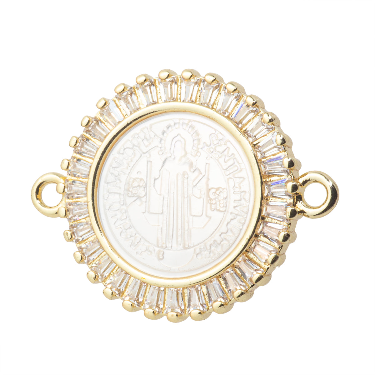 Conector Circular San Benito con Madre Perla y Circonia Blanca 23.5x18.5mm Dorado