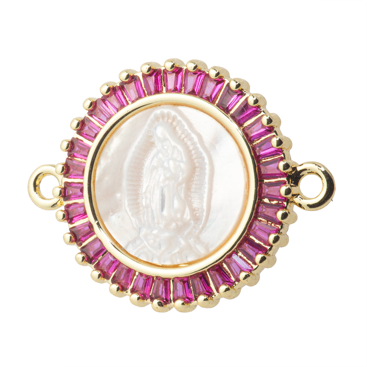 Conector Circular Virgen de Guadalupe con Madre Perla y Circonia Rosa 23.5x18.5mm Dorado