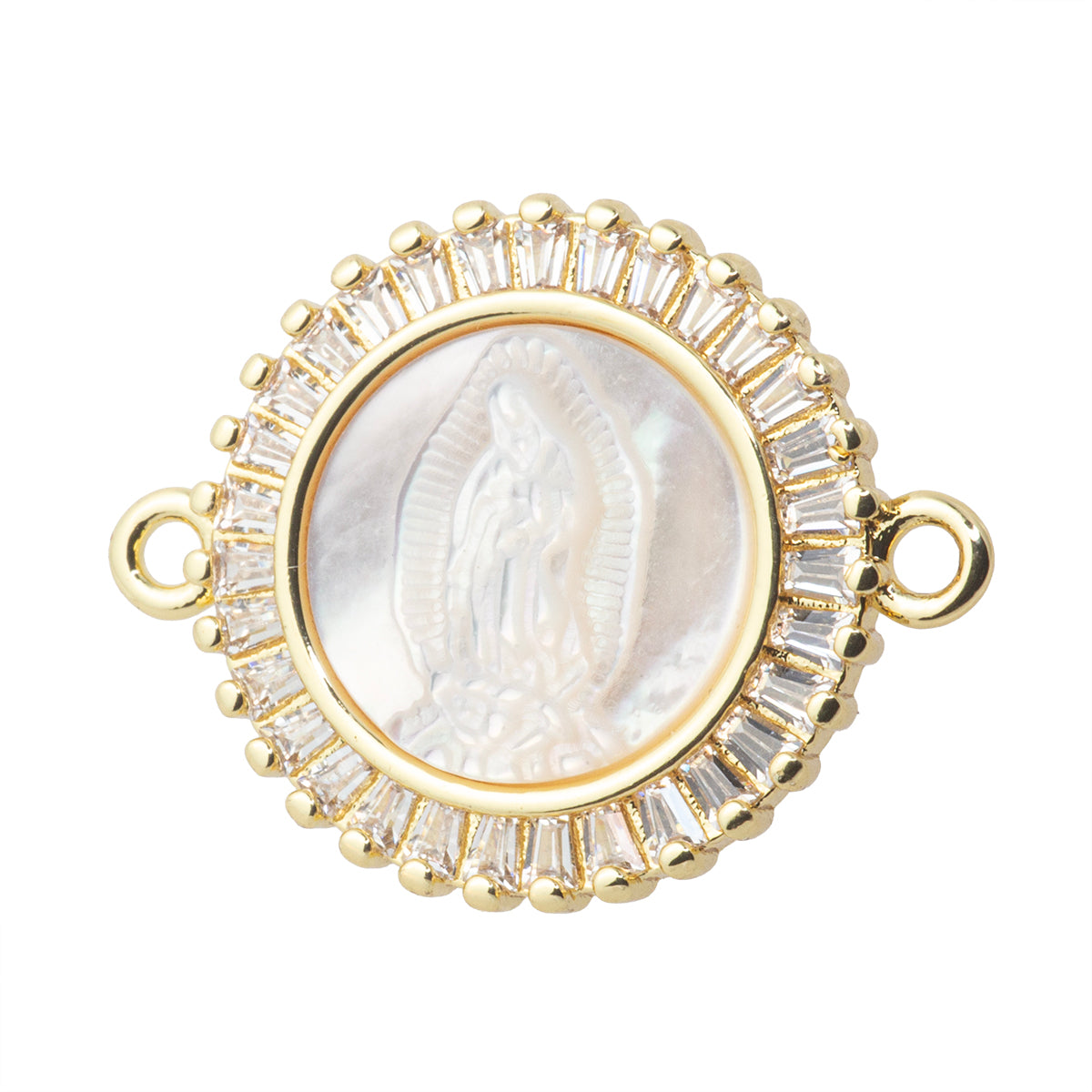 Conector Circular Virgen de Guadalupe con Madre Perla y Circonia Blanca 23.5x18.5mm Dorado