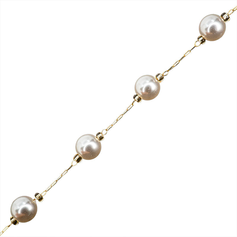 Cadena Chapa con Perla de Vidrio Blanca 6mm Dorado