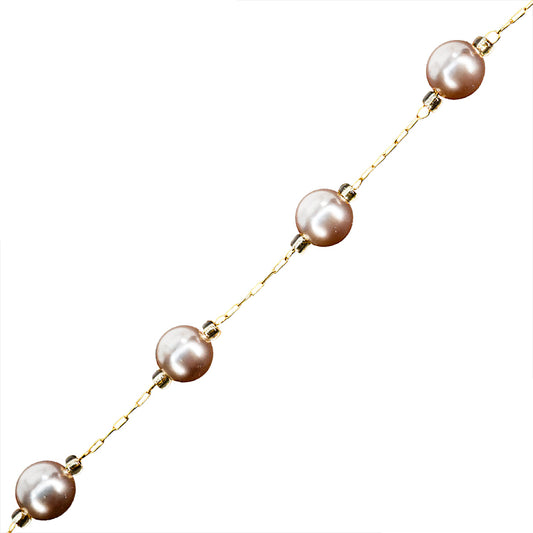 Cadena Chapa con Perla de Vidrio Gris 6mm Dorado