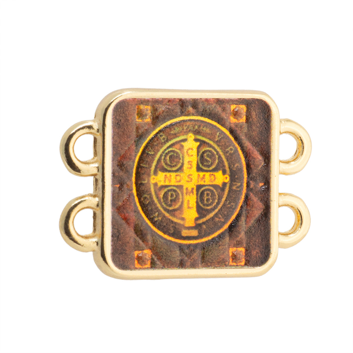 Conector Cuadrado 2 Argollas San Benito con Impresión 19x14mm Dorado