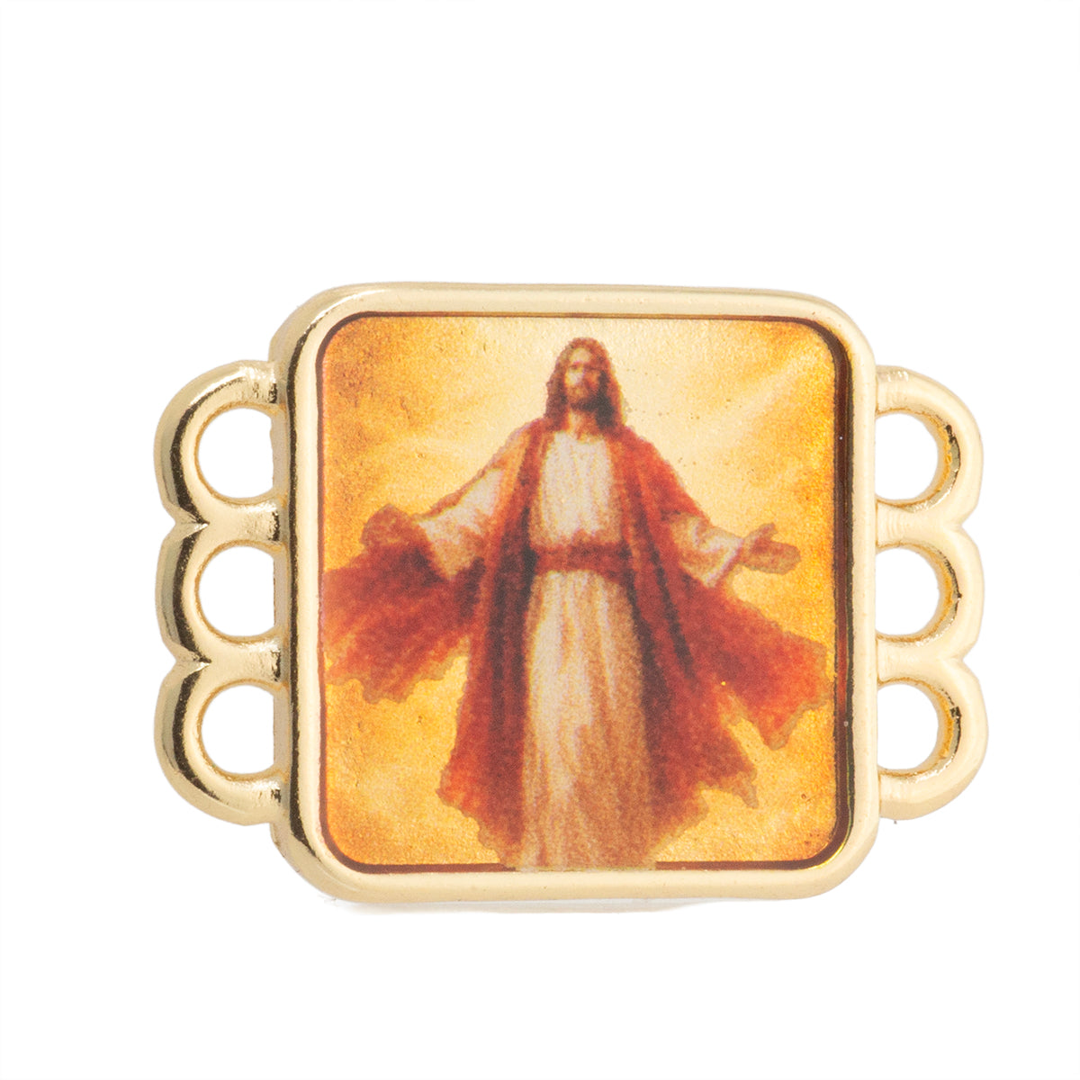 Conector Cuadrado 3 Argollas Jesús con Impresión 19x13.5mm Dorado
