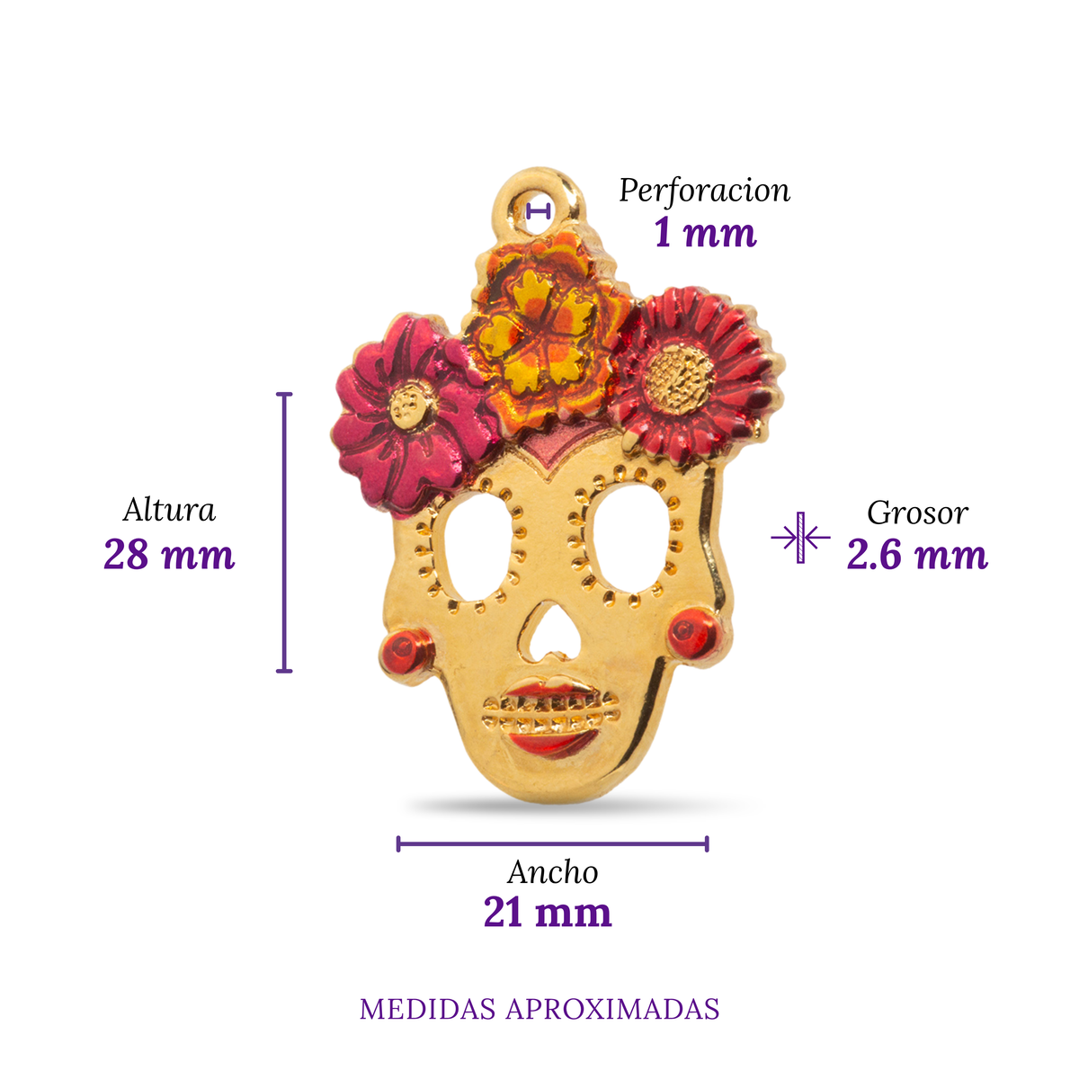 Dije Calavera Catrina con Impresión 28x21mm Dorado