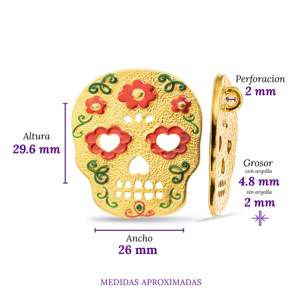 Dije Calavera con Impresión 30.5x27mm Dorado